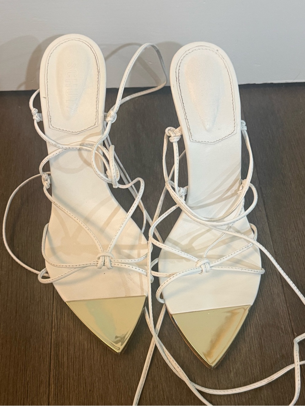 Schutz White Lace-Up Pointed Toe Heels with Gold Cap